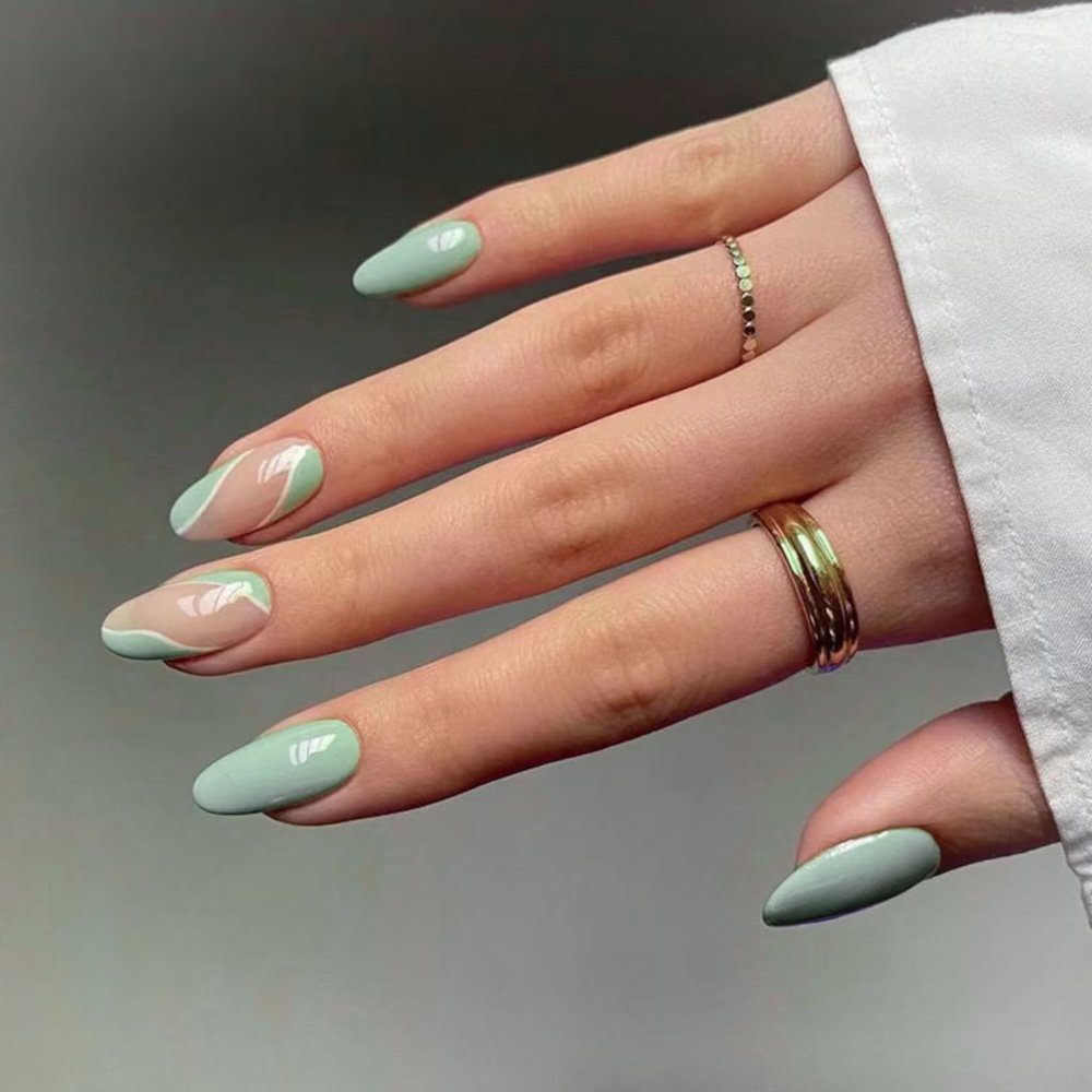 Press On Nails Green White Nude Minimalist Medium Length Almond Fake Nails